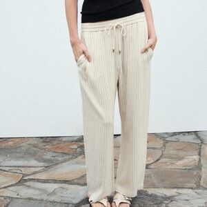 Zara light cream striped linen blend high elastic waist pants NWT